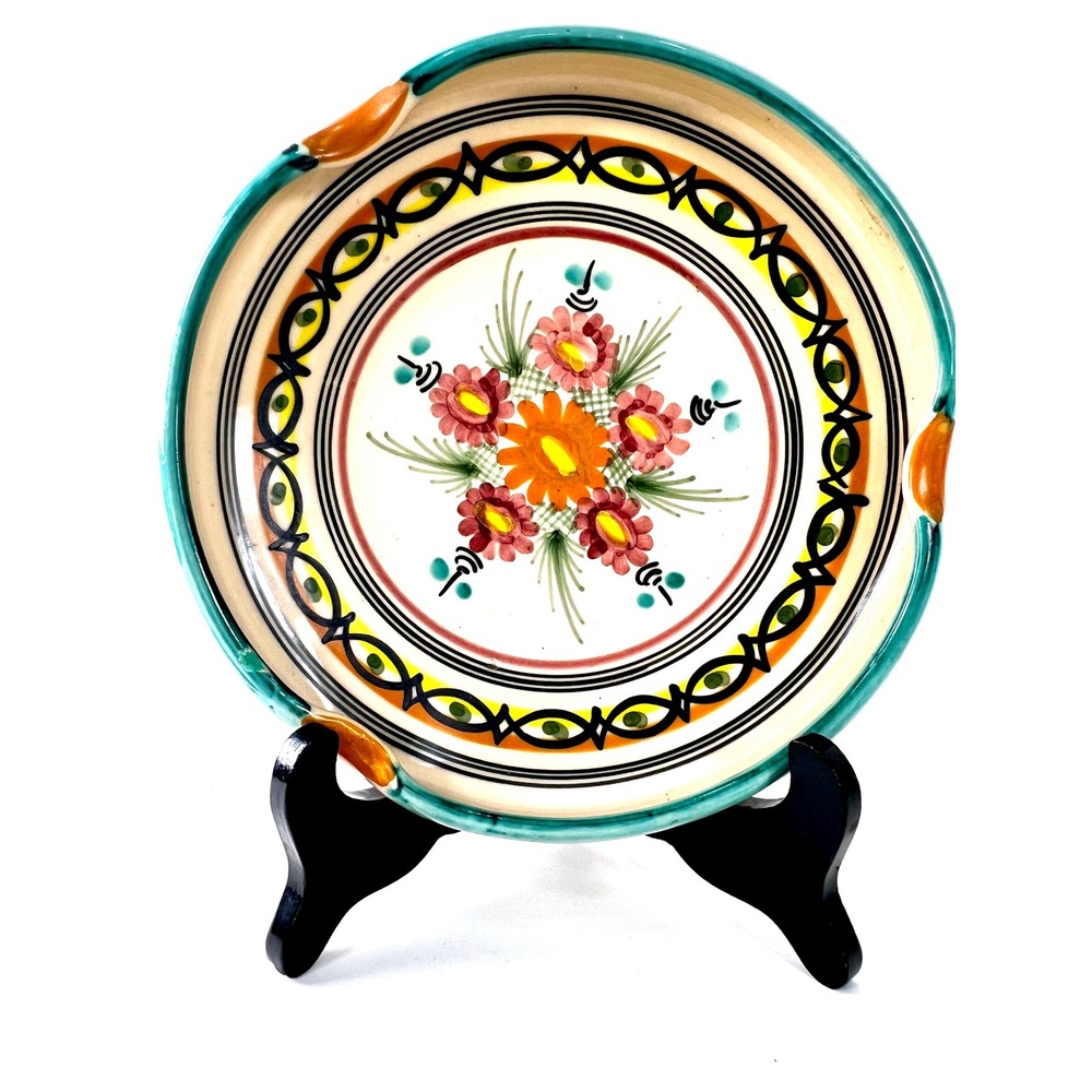 Carrasco P.AR. Hand Painted Floral Ceramic Plate Scalloped Rim Signed Pottery
